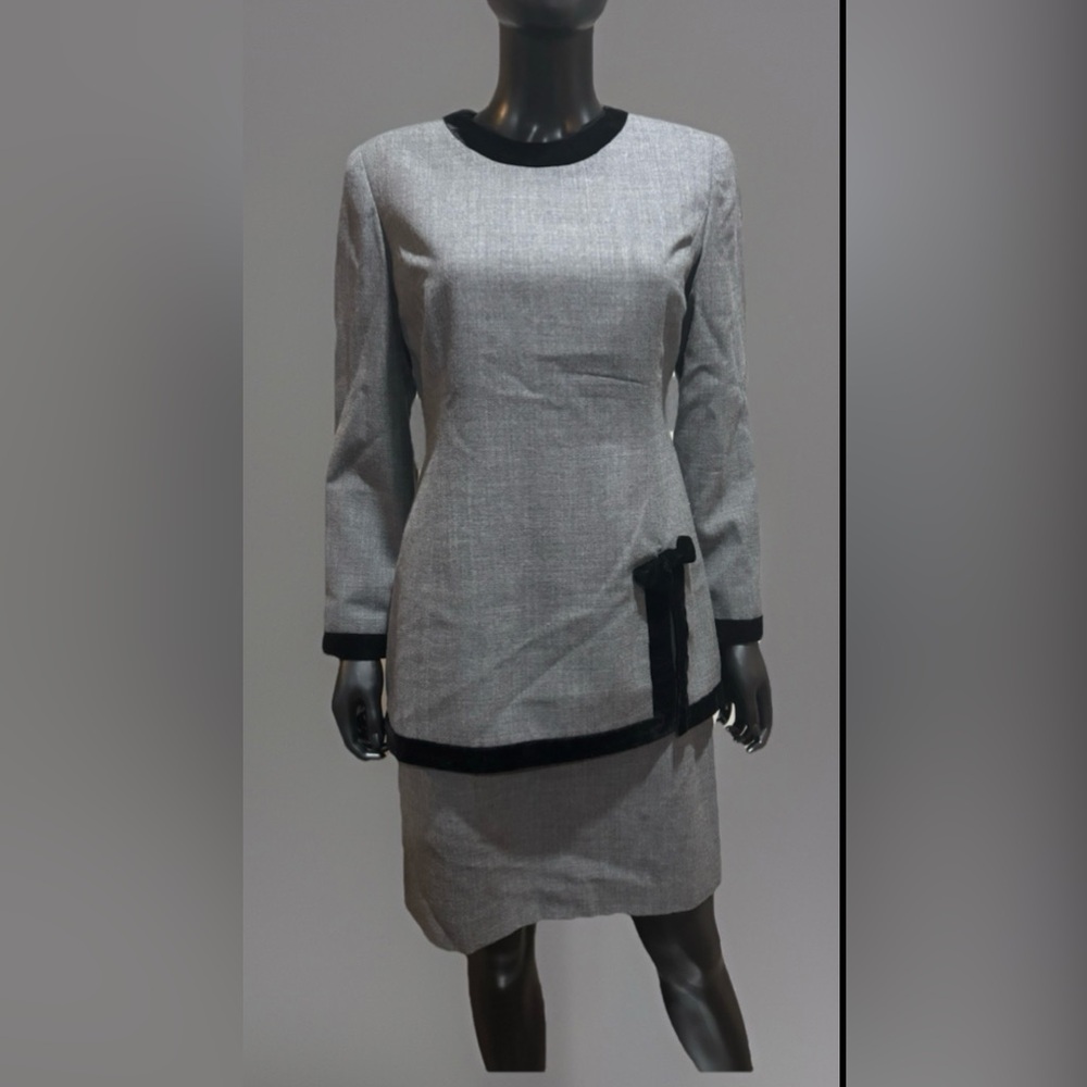 Madri Collection Smart Velvet Trim Grey Suit Dress 10 Petite